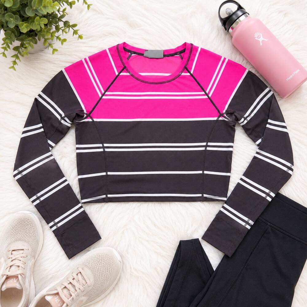 Athleta Colorblock Striped Rashguard Crop Top Pink Black Small